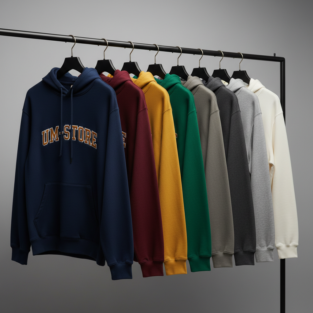 A row of color-coordinated university hoodies hanging on sleek black metal hangers along a minimalist rack, each hoodie slightly spaced to showcase individual designs and UM-STORE logos. Rich fabric textures and detailed embroidery are clearly visible, with colors ranging from deep navy and burgundy to light gray and white, all aligned with the university palette. Soft, even studio lighting from above highlights the contours and fleece interior along the edges. The background is a smooth, neutral gray to keep focus on the garments. Photographed at an eye-level side angle with a subtle blur toward the back of the rack, the mood is professional, orderly, and premium retail-oriented.