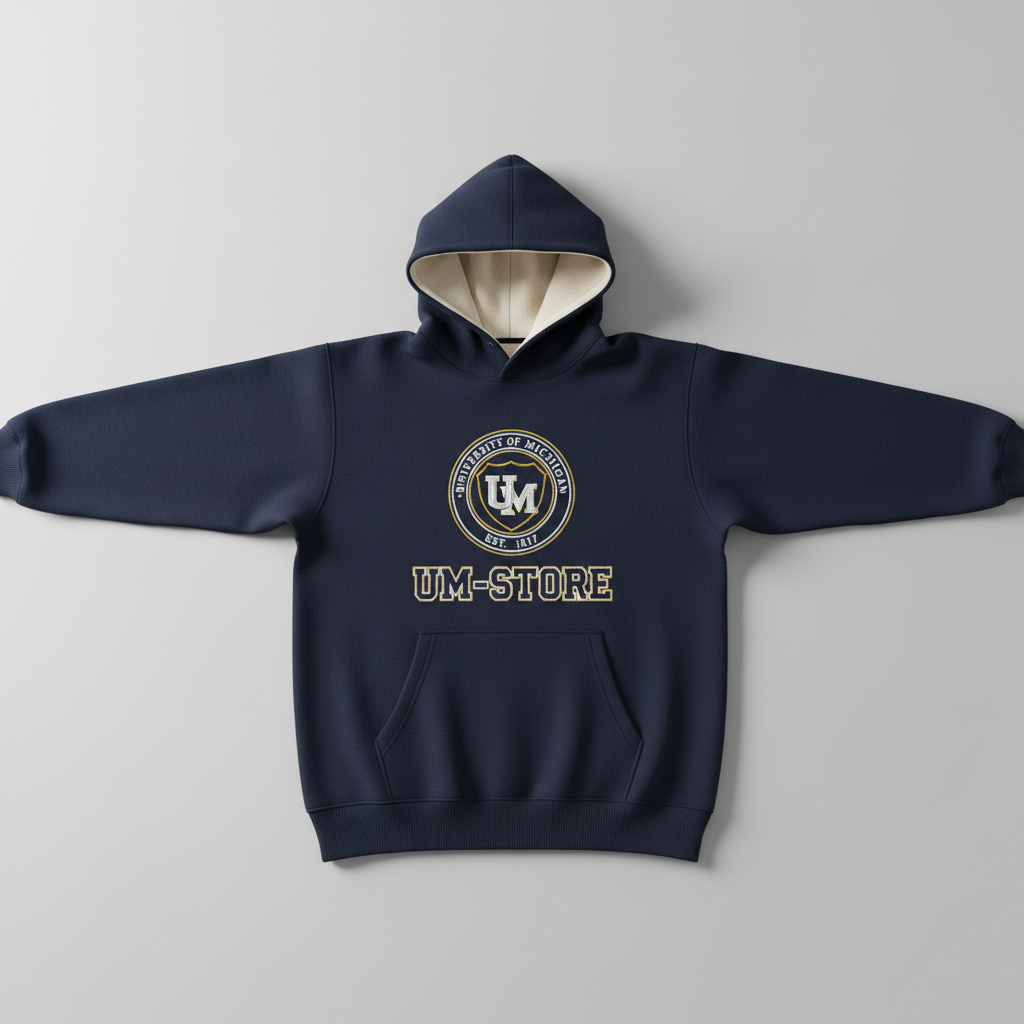 A professional product shot of a UM-STORE varsity-style hoodie laid flat on a neutral background, sleeves neatly positioned, hood slightly raised to reveal its inner lining. The front displays a large, crisp university emblem and UM-STORE lettering in contrasting colors, with visible high-quality stitching and ribbed cuffs. Soft, frontal studio lighting eliminates harsh shadows, creating a clean, e-commerce-ready look. The camera is positioned directly overhead, producing a perfectly symmetrical composition with sharp focus across the entire garment. The atmosphere is straightforward, modern, and trustworthy, ideal for a product detail page emphasizing quality and design clarity.