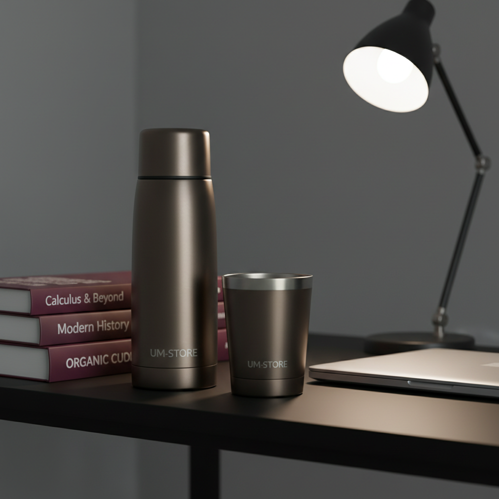 A photographic close-up of a UM-STORE branded thermos and matching insulated tumbler set arranged on a sleek black study table, beside neatly stacked textbooks with generic titles and a closed laptop. The drinkware features subtle school-color accents and a refined, satin metallic finish with etched UM-STORE logos. Cool, diffused evening light from a desk lamp casts controlled highlights and soft shadows, creating a focused, studious environment. Captured at a low, three-quarter angle with shallow depth of field, the foreground products remain razor sharp while the books softly blur behind them. The mood is professional, academic, and practical, emphasizing everyday campus use.