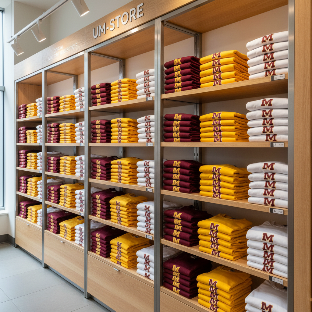 A meticulously organized UM-STORE merchandise shelf inside a modern campus shop, filled with color-blocked stacks of t-shirts, hoodies, and caps, all in coordinating university colors and consistent logo placement. Each pile of apparel is aligned perfectly, showcasing size labels and folded edges. Soft overhead retail lighting combines with subtle natural light from an unseen window, producing a balanced, welcoming glow and gentle shadows under the shelves. Photographed from a slightly elevated diagonal angle, the image has strong leading lines drawing the eye across the display. The mood is professional, abundant, and well-curated, reinforcing UM-STORE as the official, reliable source of university merch.