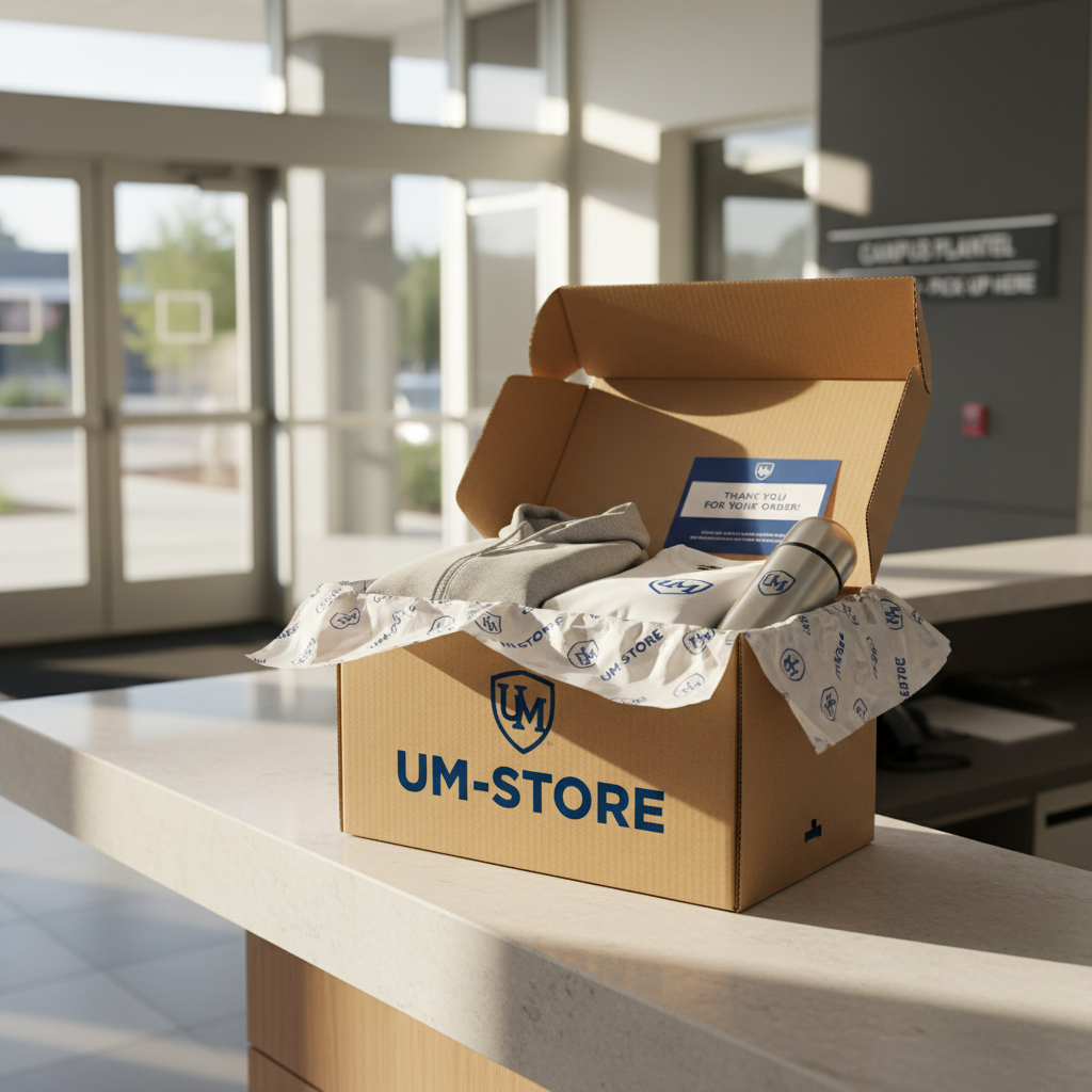 A branded UM-STORE delivery box made of sturdy kraft cardboard, printed with a clean university logo and bold UM-STORE typography, placed on a modern campus reception counter of light stone. The box is partially open, revealing neatly wrapped hoodie, t-shirt, and thermos protected with branded tissue paper and a small UM-STORE thank-you card. Natural afternoon light from large glass doors washes over the scene, casting soft directional shadows and highlighting the quality of the packaging. Captured at a three-quarter angle with a slightly shallow depth of field, the image feels professional, efficient, and reassuring, emphasizing secure shipping directly to each campus plantel.