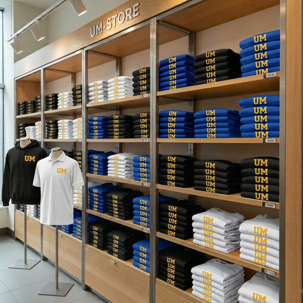A meticulously organized UM-STORE merchandise shelf inside a modern campus shop, filled with color-blocked stacks of t-shirts, hoodies, and caps, all in coordinating university colors and consistent logo placement. Each pile of apparel is aligned perfectly, showcasing size labels and folded edges. Soft overhead retail lighting combines with subtle natural light from an unseen window, producing a balanced, welcoming glow and gentle shadows under the shelves. Photographed from a slightly elevated diagonal angle, the image has strong leading lines drawing the eye across the display. The mood is professional, abundant, and well-curated, reinforcing UM-STORE as the official, reliable source of university merch.